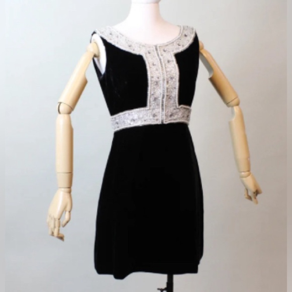 AUTHENTIC VINTAGE Stunning 1960’s Black Velvet Dress with Silver Accents